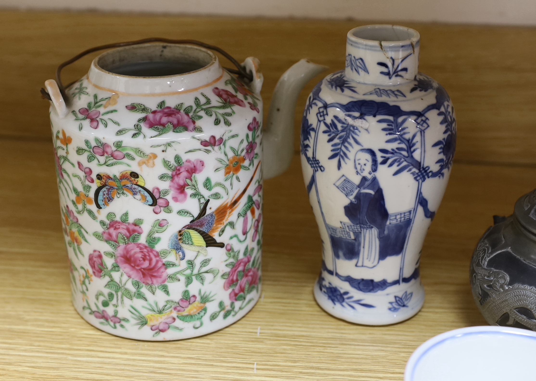 An early 20th century Chinese blue and white vase, a famille rose tea pot, etc. (5)